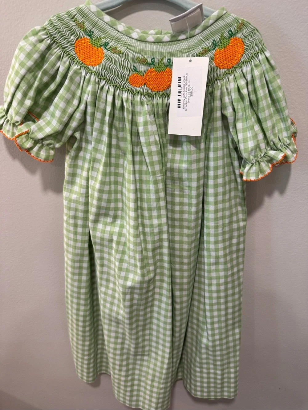 Green Gingham Pumpkin Smocked Kids Costume Dress